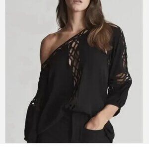 Reiss Leena One Shoulder Black Blouse Balloon Sleeve Size US 6/ UK 10